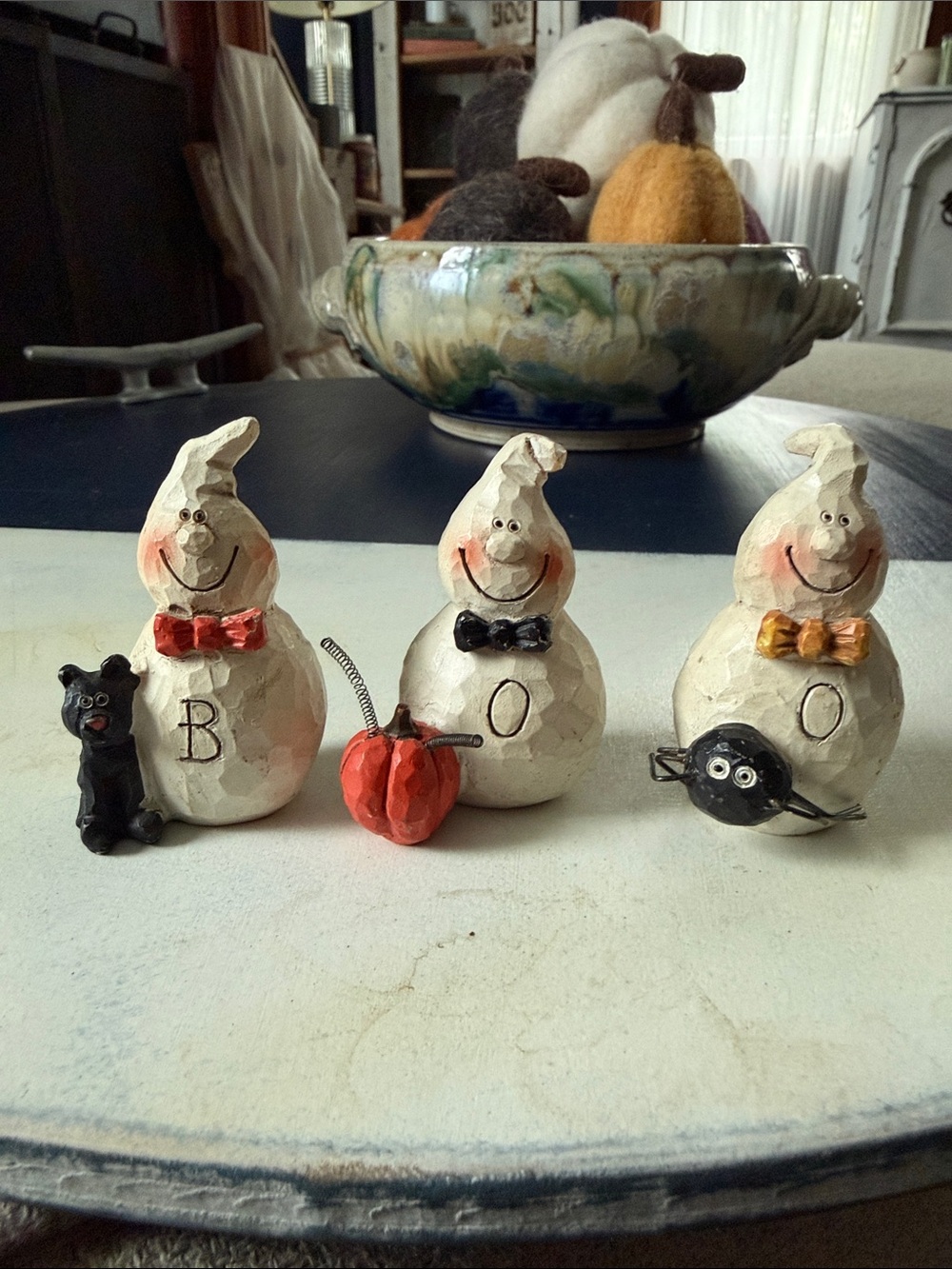 Hand-Painted White Ghost Trio Halloween Figurines with Accents